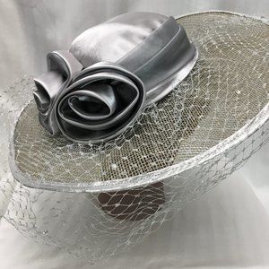 Silver Sonni Straw Hat with Silver Veil & Ribbon, One Size